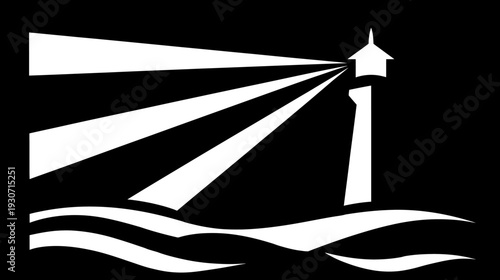 A white silhouette illustration of a lighthouse shining out, with waves below