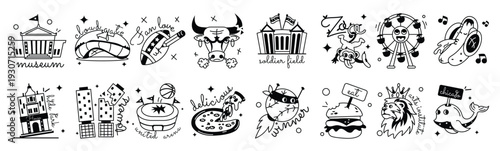 pack of chicago culture glyph stickers 