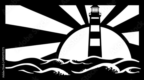A stylized black and white illustration of a lighthouse with sun rays rising over ocean waves