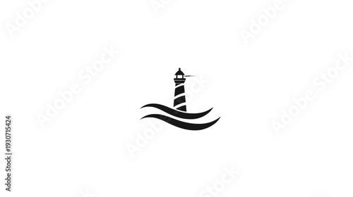 A simple, black and white illustration of a lighthouse over two stylized waves