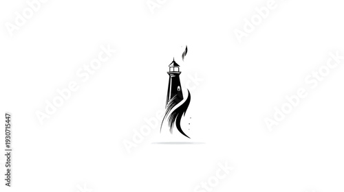 A tall, stylized lighthouse in black against white, with textured brushstrokes and a plume