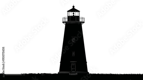 Silhouetted illustration of a tall coastal lighthouse structure, with light-filled lantern