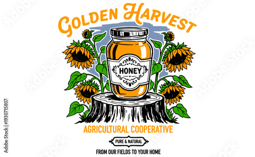 Golden Harvest Honey & Sunflower vintage design. Pure natural farm product artwork for t-shirt print, poster, sticker. Sweet summer vibes.
