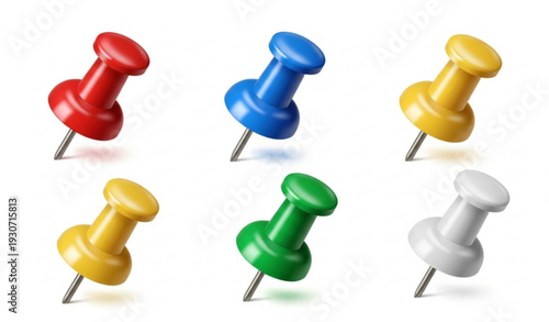 Realistic 3D Colorful Plastic Push Pin and Thumbtack Vector Set