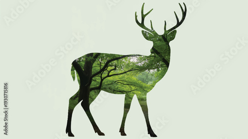A digital art composition of a deer silhouette filled with vibrant green foliage and trees (3)_traced