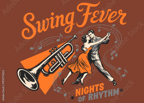 Tableau sur toile Swing Fever Nights of Rhythm retro poster with dancing couple, trumpet, and musical notes