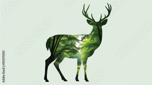 A digital art composition of a deer silhouette filled with vibrant green foliage and trees (4)_traced