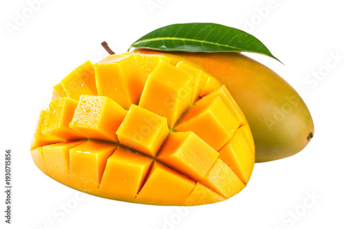 Ripe mango fruit with water droplets and cubed flesh on transparent background with green leaves.