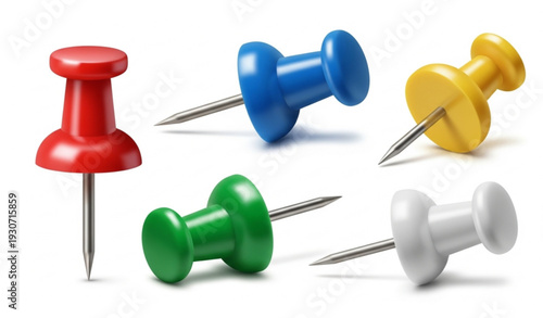 Realistic 3D Colorful Plastic Push Pin and Thumbtack Vector Set