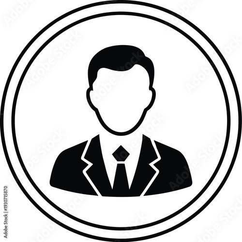 Black and white icon of faceless professional in suit and tie within double circular border, symbolizing business identity and profile
