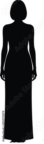 Black silhouette of person in long dress with bob hairstyle, symbolizing fashion, elegance, identity, and minimalist artistic representation