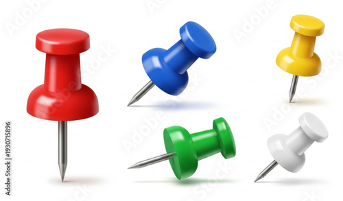 Realistic 3D Colorful Plastic Push Pin and Thumbtack Vector Set