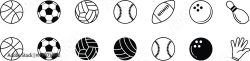 Black and white sport ball icon set featuring basketball, soccer, volleyball, baseball, rugby, bowling, and equipment for athletic game design.