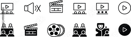 Black multimedia icon set featuring video player, movie clapperboard, film reel, audio speaker volume, and cinema production elements for digital design.