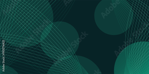 Dark green background with abstract green circles and wave lines. The background is smooth and modern, featuring green hues. Dark gradient background with copy space.