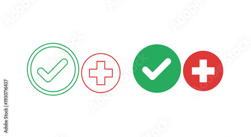 Four circular icons displaying checks and plus signs a flat silhouette