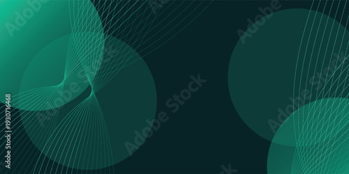 Dark green background with abstract green circles and wave lines. The background is smooth and modern, featuring green hues. Dark gradient background with copy space.