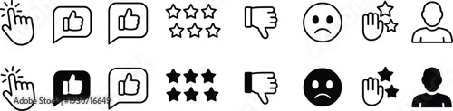 Customer feedback icon set including star ratings, thumbs up and down, sad face emoji, user profiles, and hand clicking symbols.