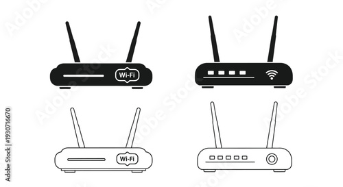 Four black wifi routers displayed in a simple graphic silhouette
