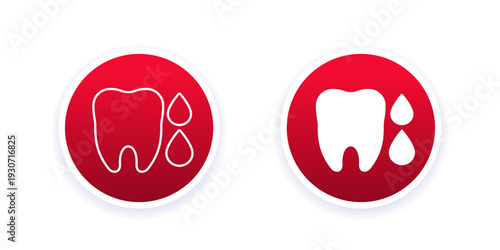 Gum bleeding icons with tooth and blood drops, line and solid design