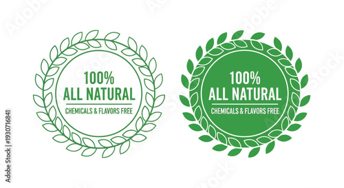 Two circular badges displaying 100 all natural with leaf wreaths silhouette
