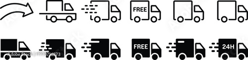 Delivery truck icon set featuring fast shipping, free delivery, and twenty four hour service symbols for logistics, transport, and e-commerce business.