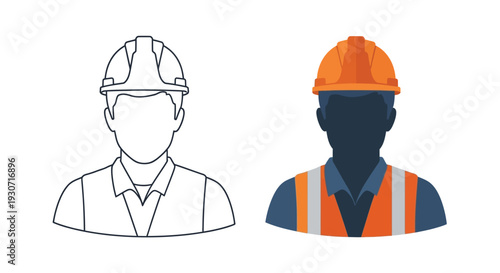 Construction worker headgear comparison outlined and filled a stark silhouette
