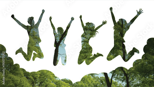 A digital artwork showing four silhouettes of jumping and celebrating people against a white background, filled with vibrant green foliage and trees (3)_traced