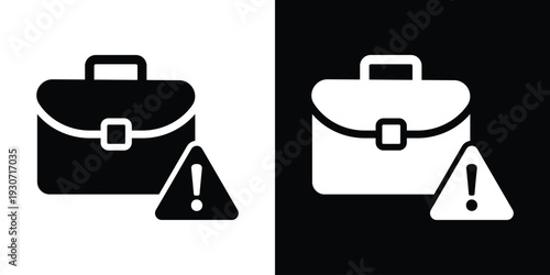 Professional briefcase icon with a warning triangle and exclamation mark. Business risk, portfolio error, and financial alert concept. Minimalist black and white vector symbol.
