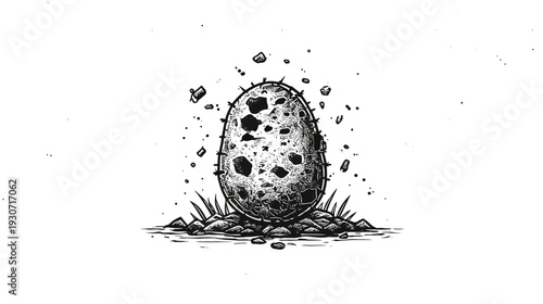 A monochrome illustration depicting an egg hatching, with rocky base, surrounding debris, and a spiky texture