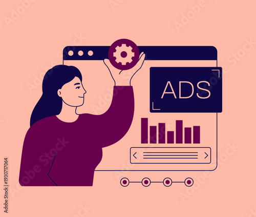 programmatic advertising vector illustration with a woman, digital marketing concept