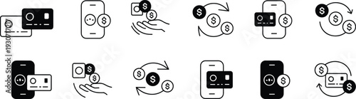 Financial icon set featuring credit cards, dollar coins, money exchange symbols, mobile banking apps, and electronic payment systems for business.