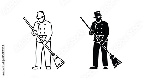 Two depictions of a streetsweeper with a broom classic silhouette
