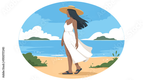 A digital illustration of a beach scene with a woman in a flowing white sundress and wide-brimmed straw hat standing on a sandy beach (3)_traced