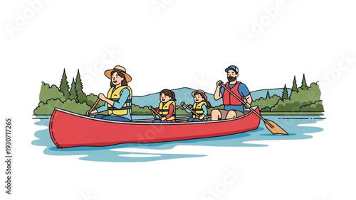 Family enjoying a serene canoe ride on a tranquil lake surrounded by lush greenery from a distant viewpoint