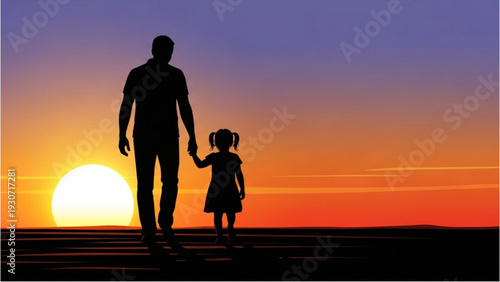 Silhouette of man and child holding hands walking towards sunset on a serene landscape viewed from behind