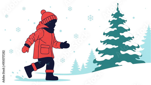 Child in red winter jacket walking in snowy landscape with trees from side view