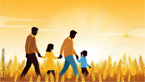 Family of four walking together in a field of wheat during sunset