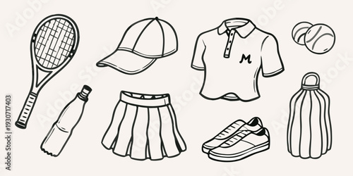 A collection of hand drawn sports equipment including tennis and badminton items