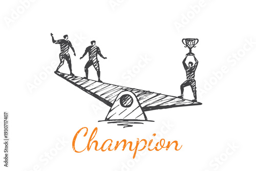 Champion Sketch - winner holding trophy on seesaw