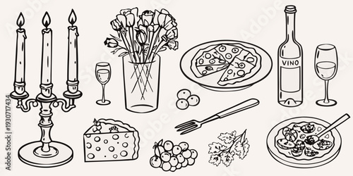 A whimsical sketch depicting a celebratory feast with candles and food