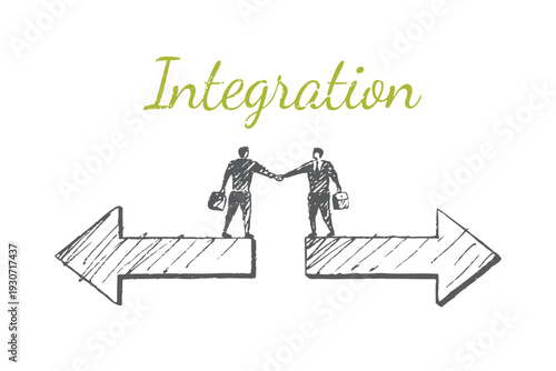 Integration Sketch - businessmen shaking hands on opposite arrows