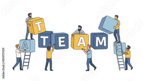 Diverse group assembling large letter blocks to form the word TEAM, symbolizing unity and collaboration from various viewpoints
