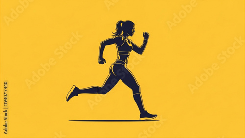 Silhouette of a woman running in mid-stride on a vibrant yellow background from a side viewpoint