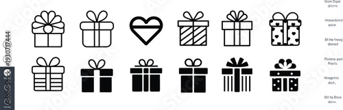 Gift box icon set featuring various present designs, heart shapes, ribbons, and surprise packages for Christmas, Valentine's Day, and birthday celebrations.