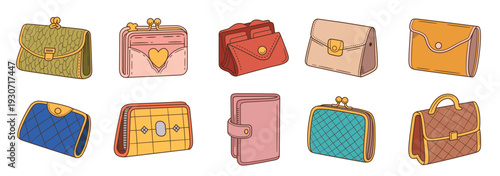 set of women wallets outline doodle hand drawn illustration