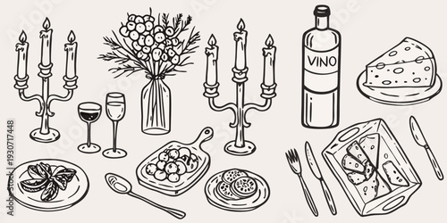 A whimsical black and white sketch of a romantic dinner setting