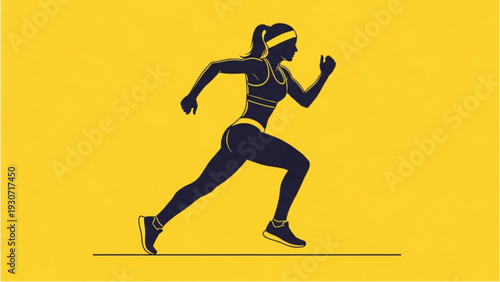 A lone female runner in motion, captured from the side, showcasing her athletic attire and dynamic stride.