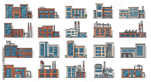 Industrial Buildings and Factories Illustration Set.