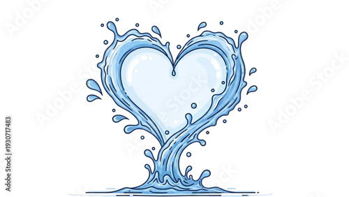 Heart shaped water splash illustration on a calm surface viewed from directly above showing flowing liquid and droplets
